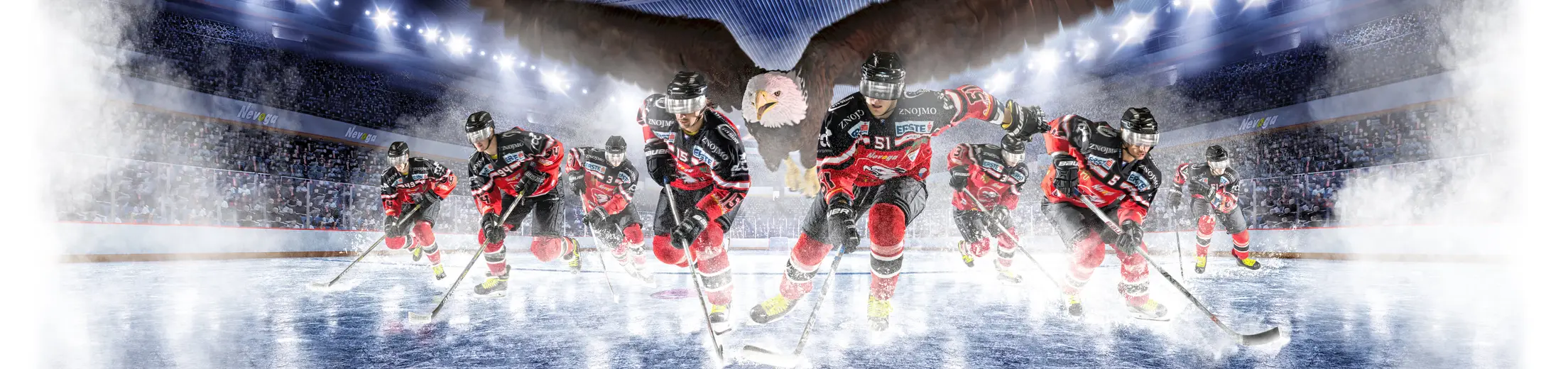 Eishockeymannschaft in Aktion vor einem Adler, Bildmontage